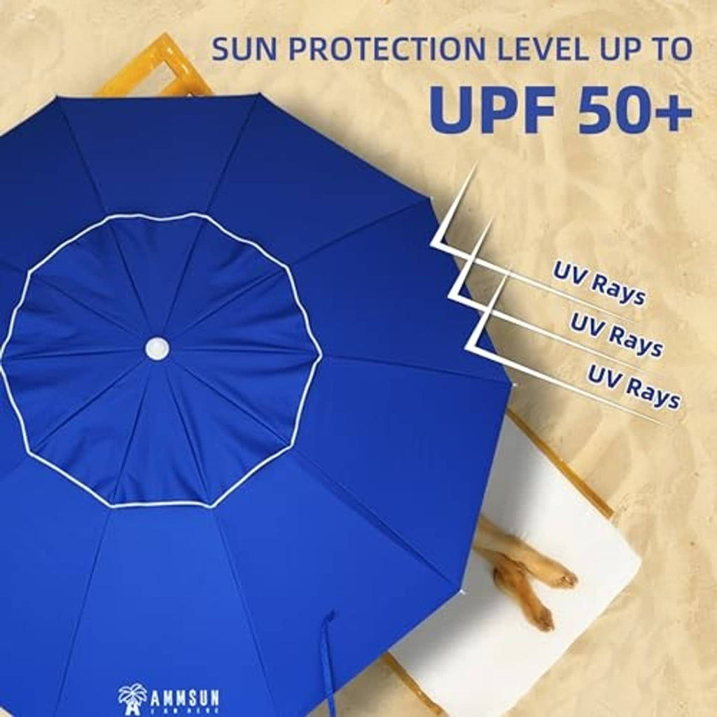 Blue beach umbrella canopy with UPF 50+ sun protection and UV rays graphic
