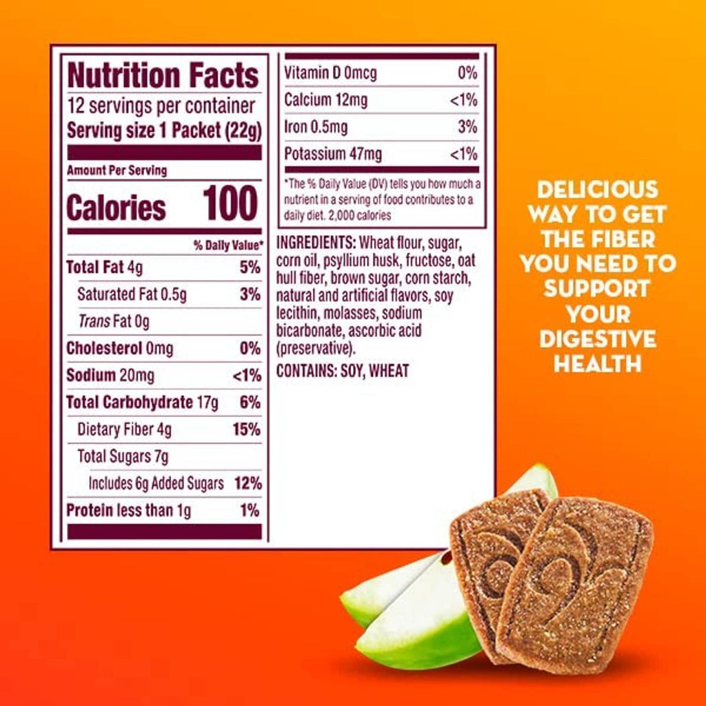 Metamucil Fiber Thins nutrition facts panel and apple crisp crackers, single packet side