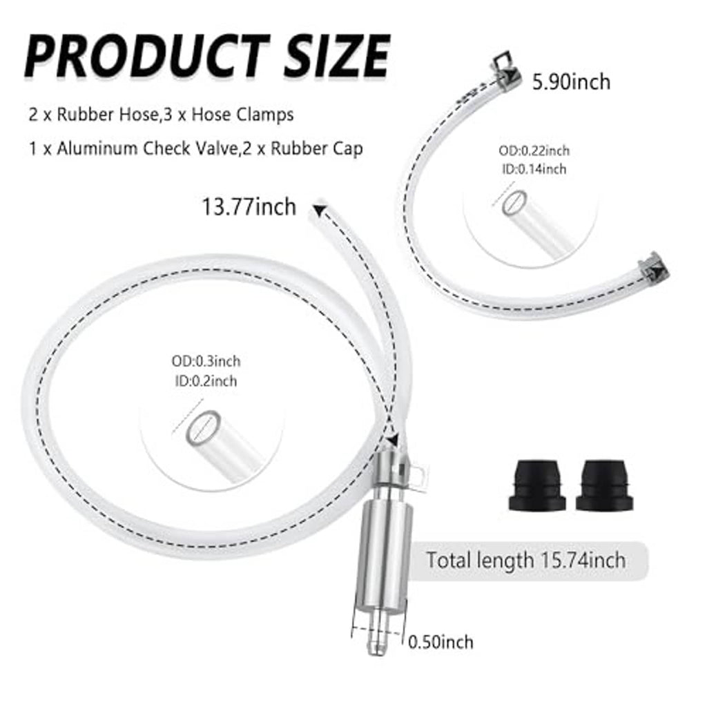Brake bleeder hose kit with clear tubing, aluminum check valve, and hose clamps
