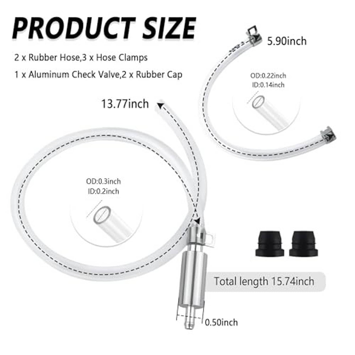 Brake bleeder hose kit with clear tubing, aluminum check valve, and hose clamps