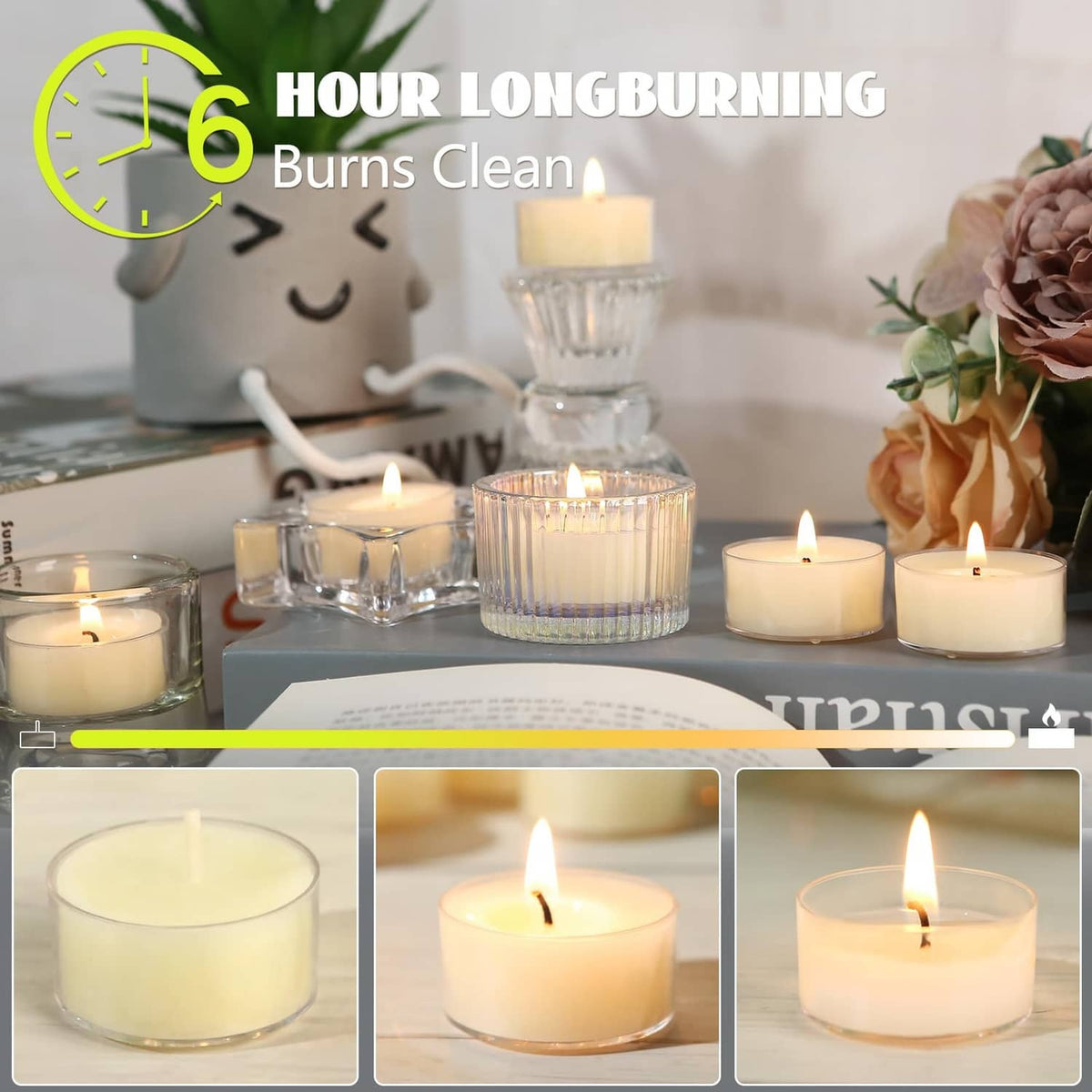 Cream beeswax tea light candles in glass and metal holders, several lit