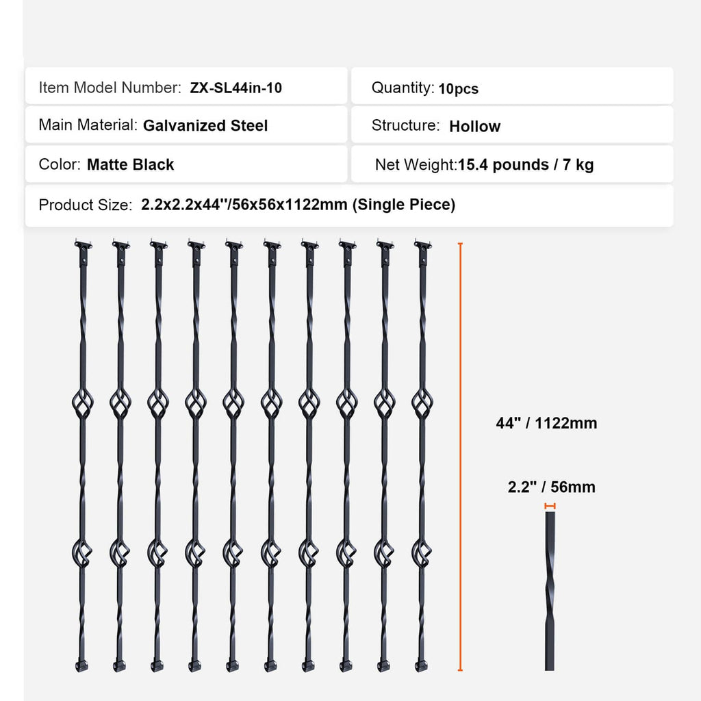 Matte black steel deck baluster set, double-basket links, 44 in length diagram