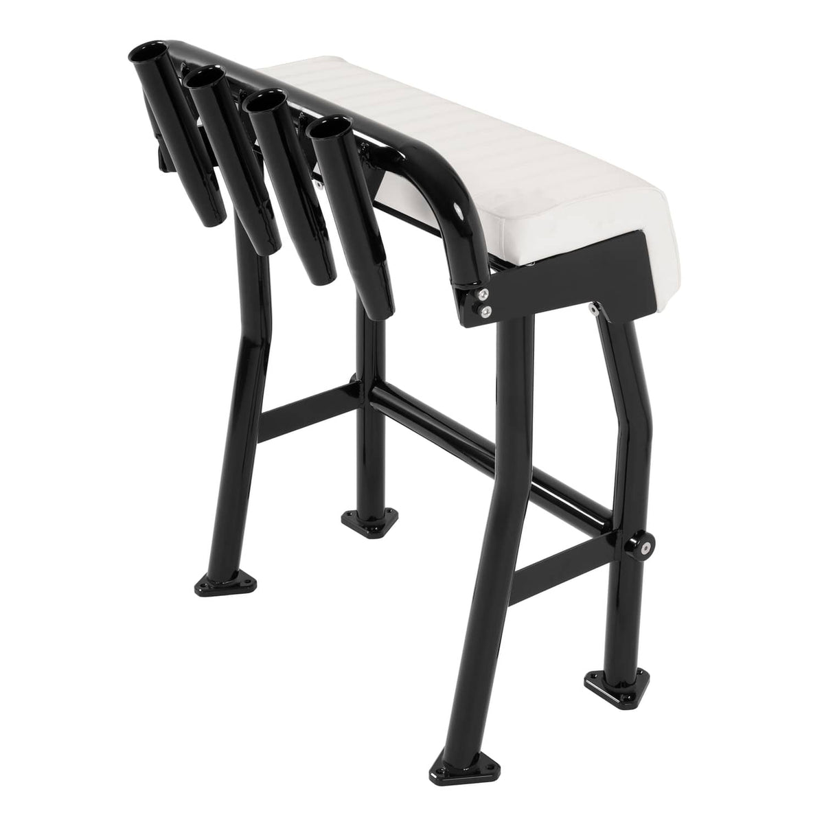 Side view of black leaning boat seat with white cushion and four rod holder tubes