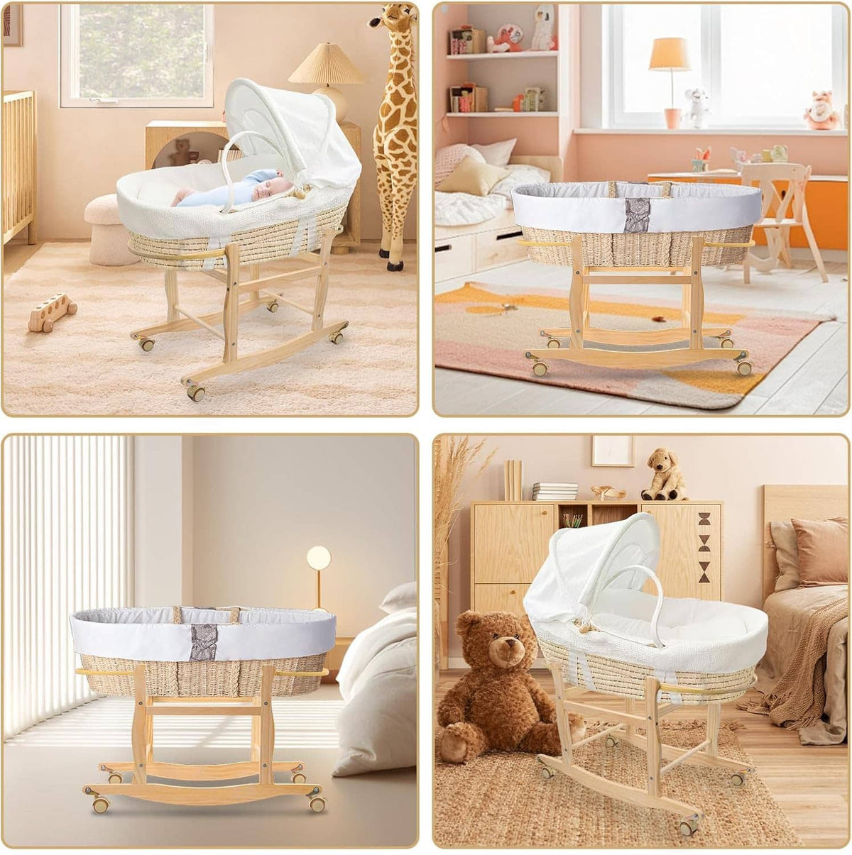 Wooden rocking Moses basket stand with woven basket and white padded lining