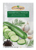 Mrs. Wages kosher dill pickles quick process mix packet, front panel with cucumbers