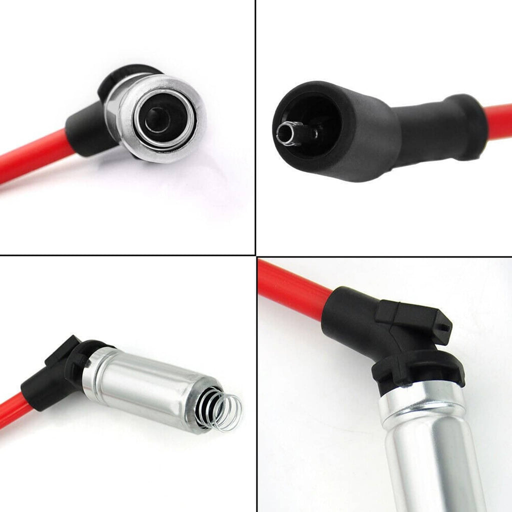 Ignition wire connector ends for red silicone cable with black boots and metal spring core