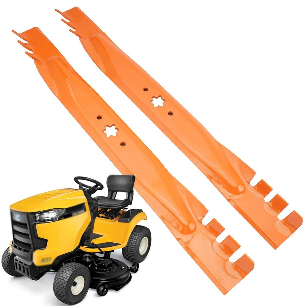 Orange mower deck blade set with star cutouts and notched ends