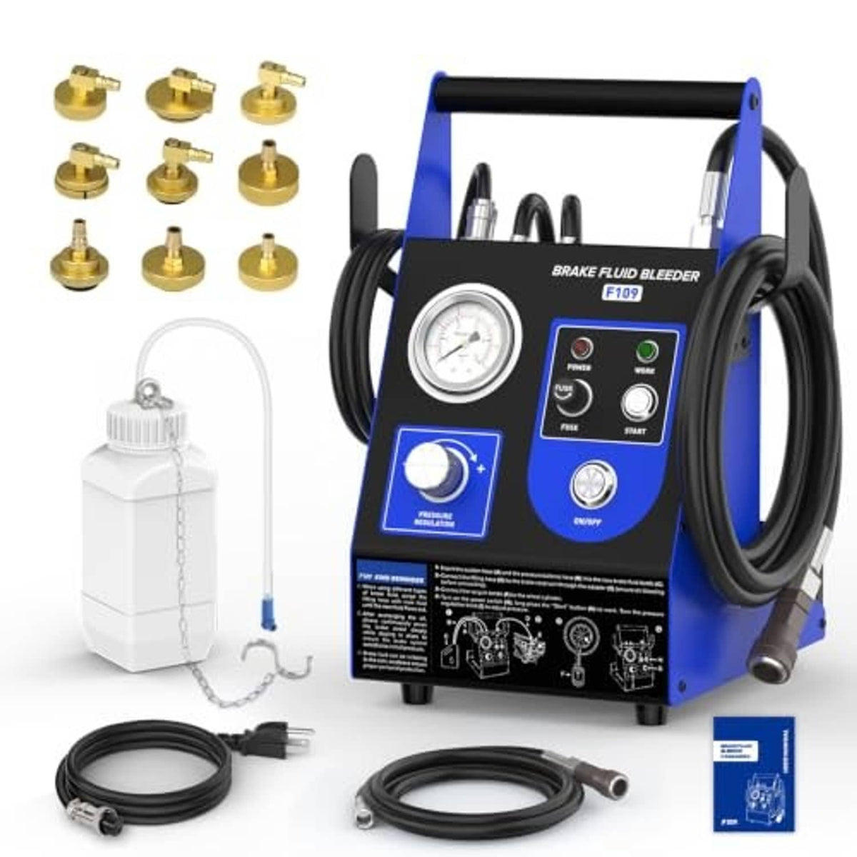 Electric brake fluid bleeder kit with blue housing, gauge, and connected vacuum hoses