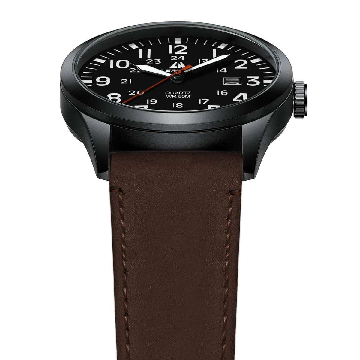 Men's analog watch with black dial and brown leather strap, crown side view