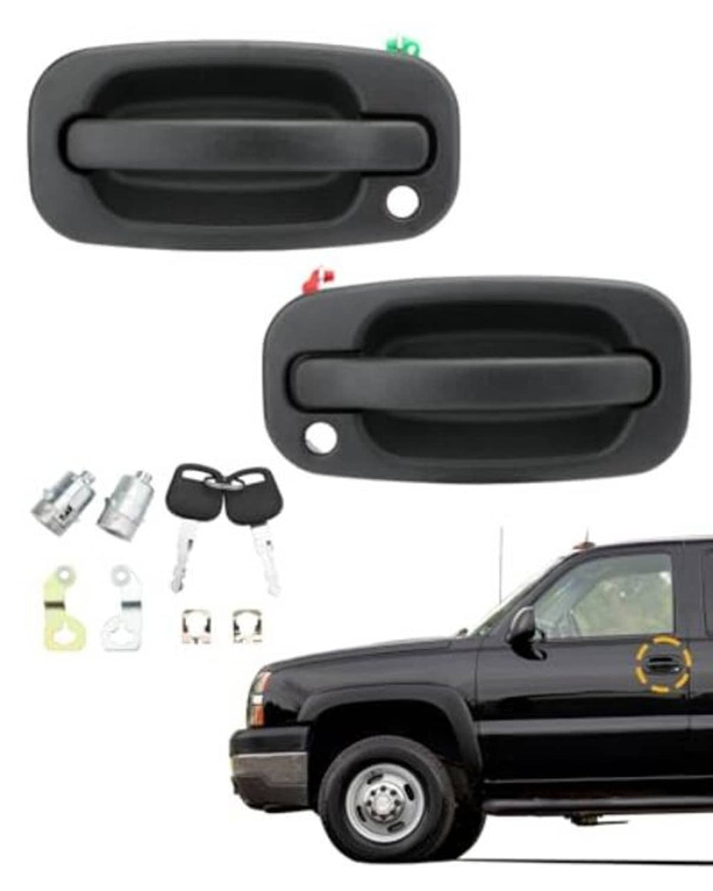 Dark gray exterior door handle pair with lock cylinders, keys, and included parts
