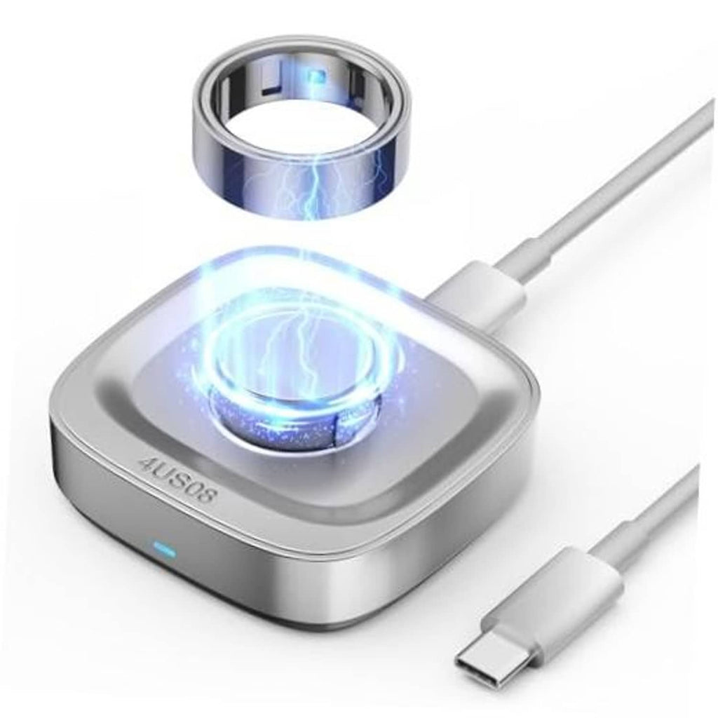 Portable Oura Ring Gen 4 charger base with blue charging glow and USB-C cable