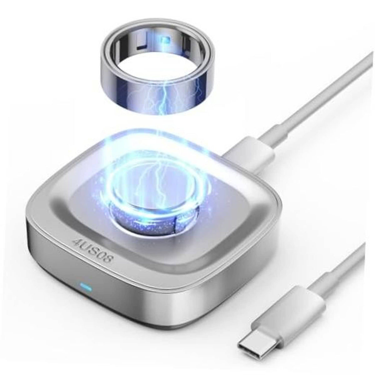 Portable Oura Ring Gen 4 charger base with blue charging glow and USB-C cable