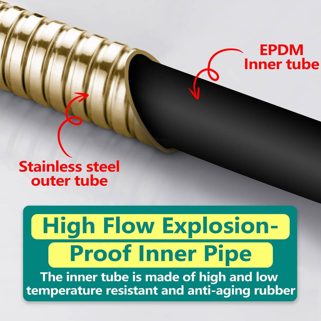 Gold shower hose with stainless steel outer tube and black inner tube lining