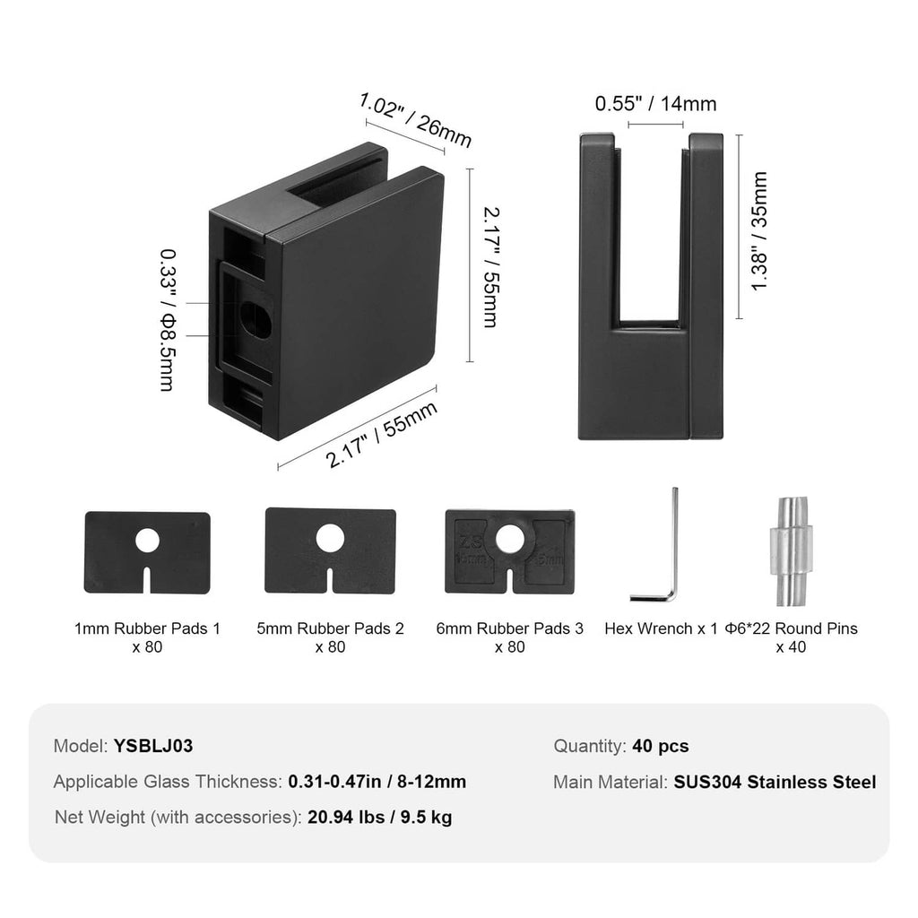 Black glass clamp set with square brackets, rubber pads, and pins for 0.31-0.47 in glass