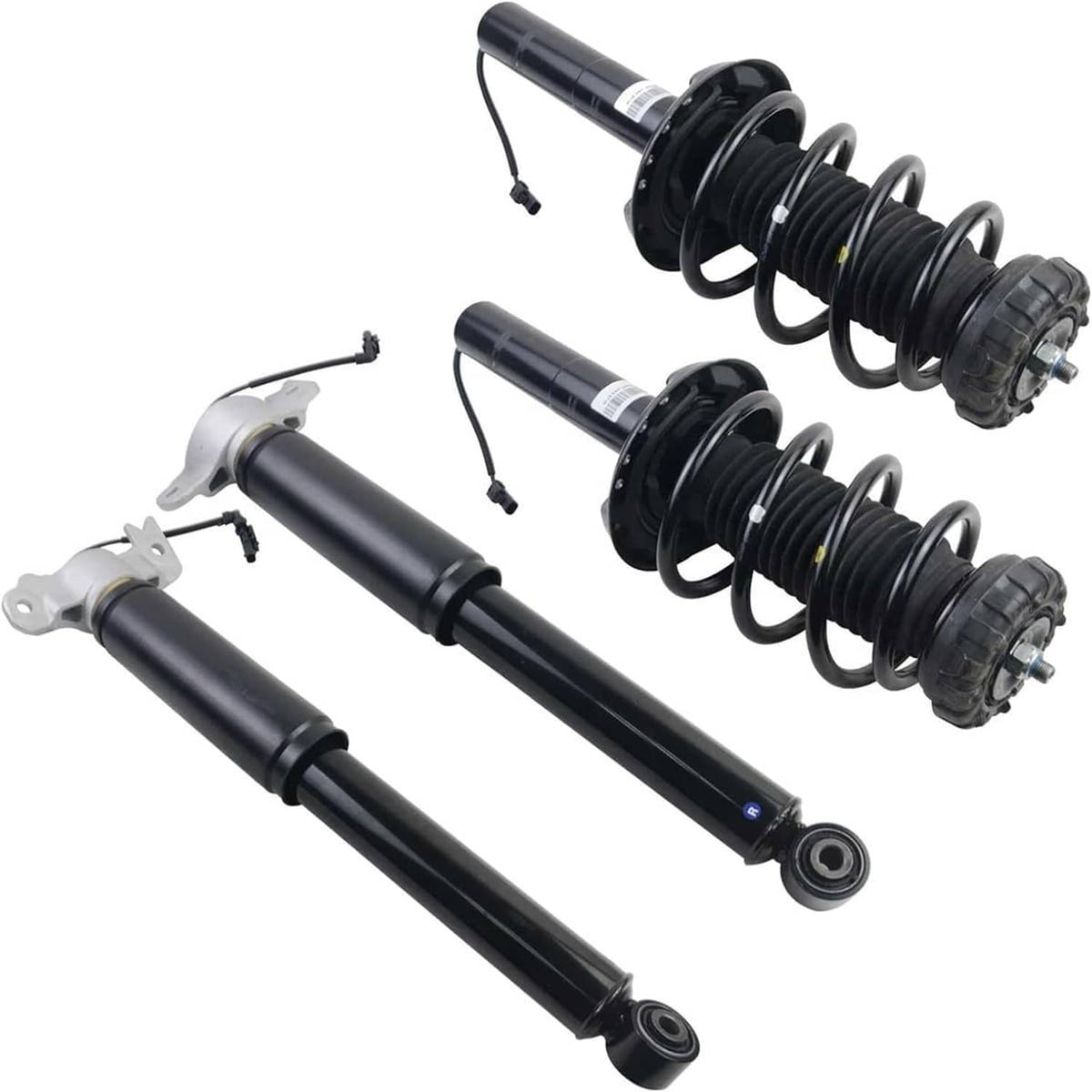Shock strut assemblies set showing parts: black dampers, coil springs, and mounts