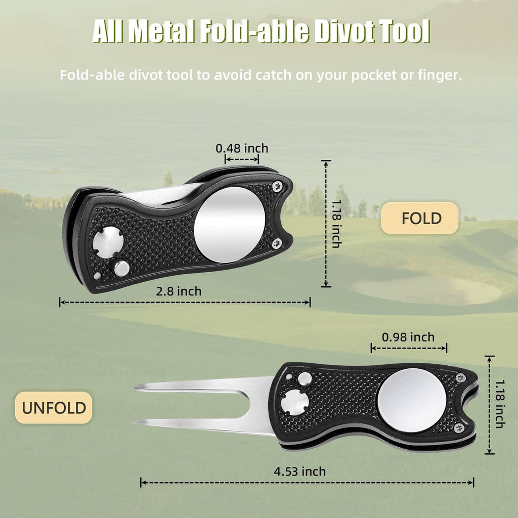 Foldable black metal divot repair tool with magnetic marker, hinged prongs