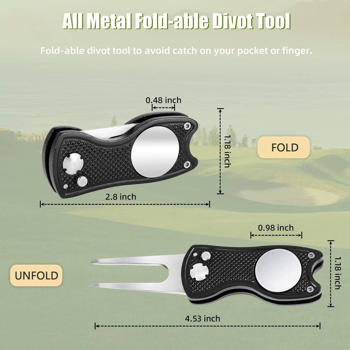 Foldable black metal divot repair tool with magnetic marker, hinged prongs