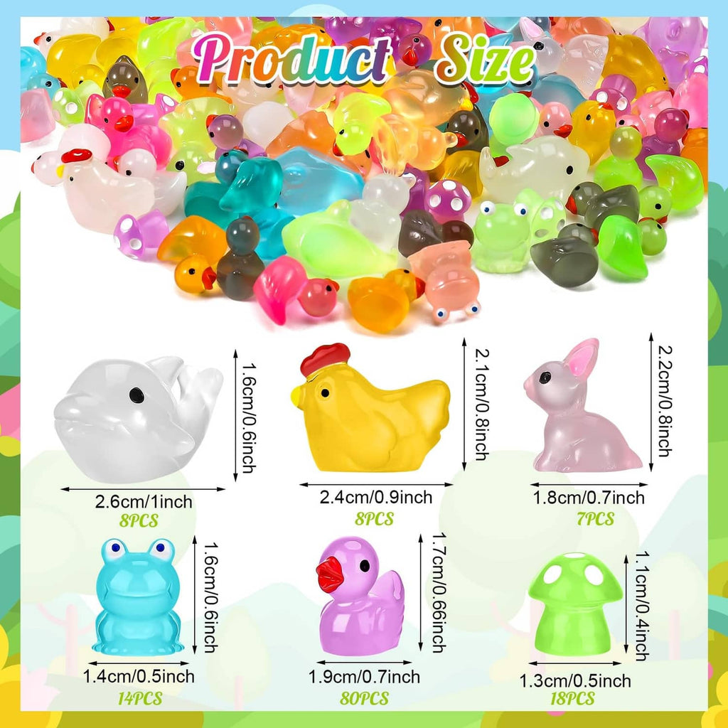 Multicolor mini resin ducks, 135-piece set, with size and quantity chart