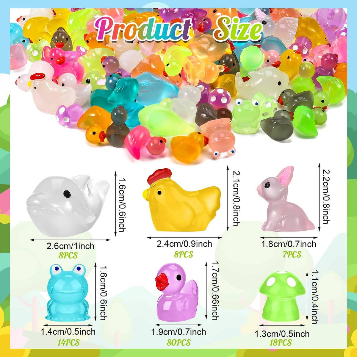 Multicolor mini resin ducks, 135-piece set, with size and quantity chart