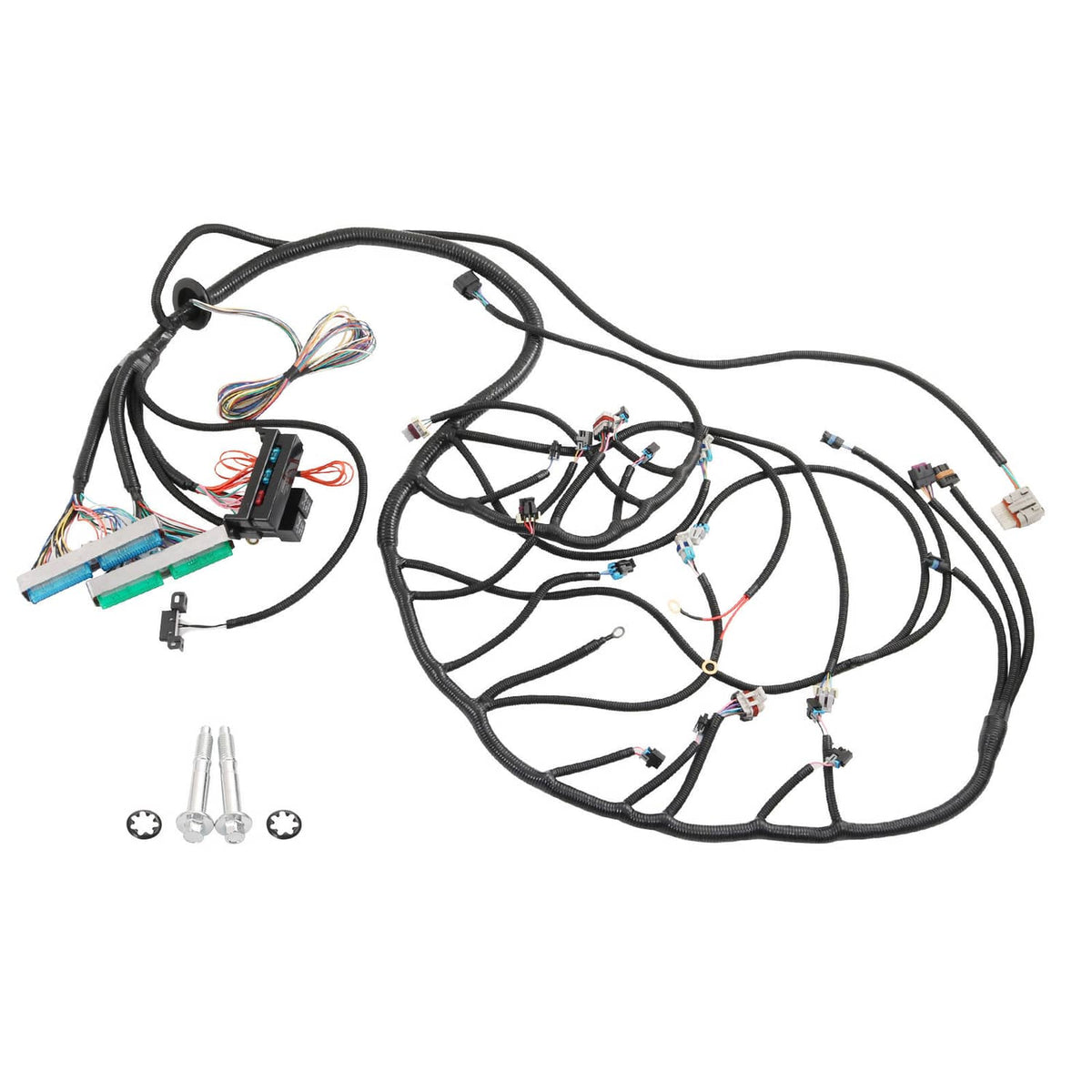 Black engine wiring harness with color-coded plug connectors and bundled wires
