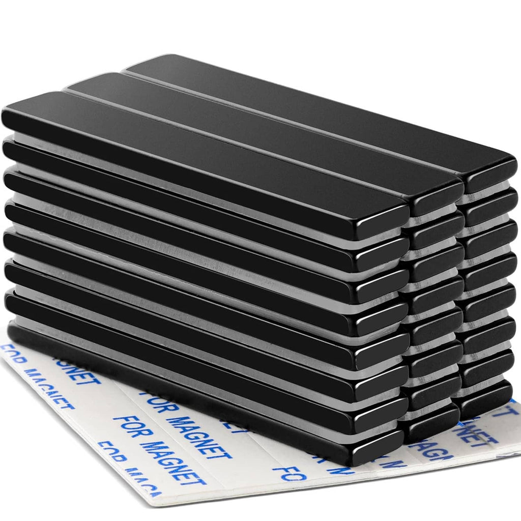 Black neodymium magnetic strips stacked, flat rectangular bar sets