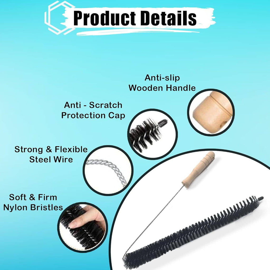 Dryer vent brush diagram showing flexible steel wire rod and black nylon bristles