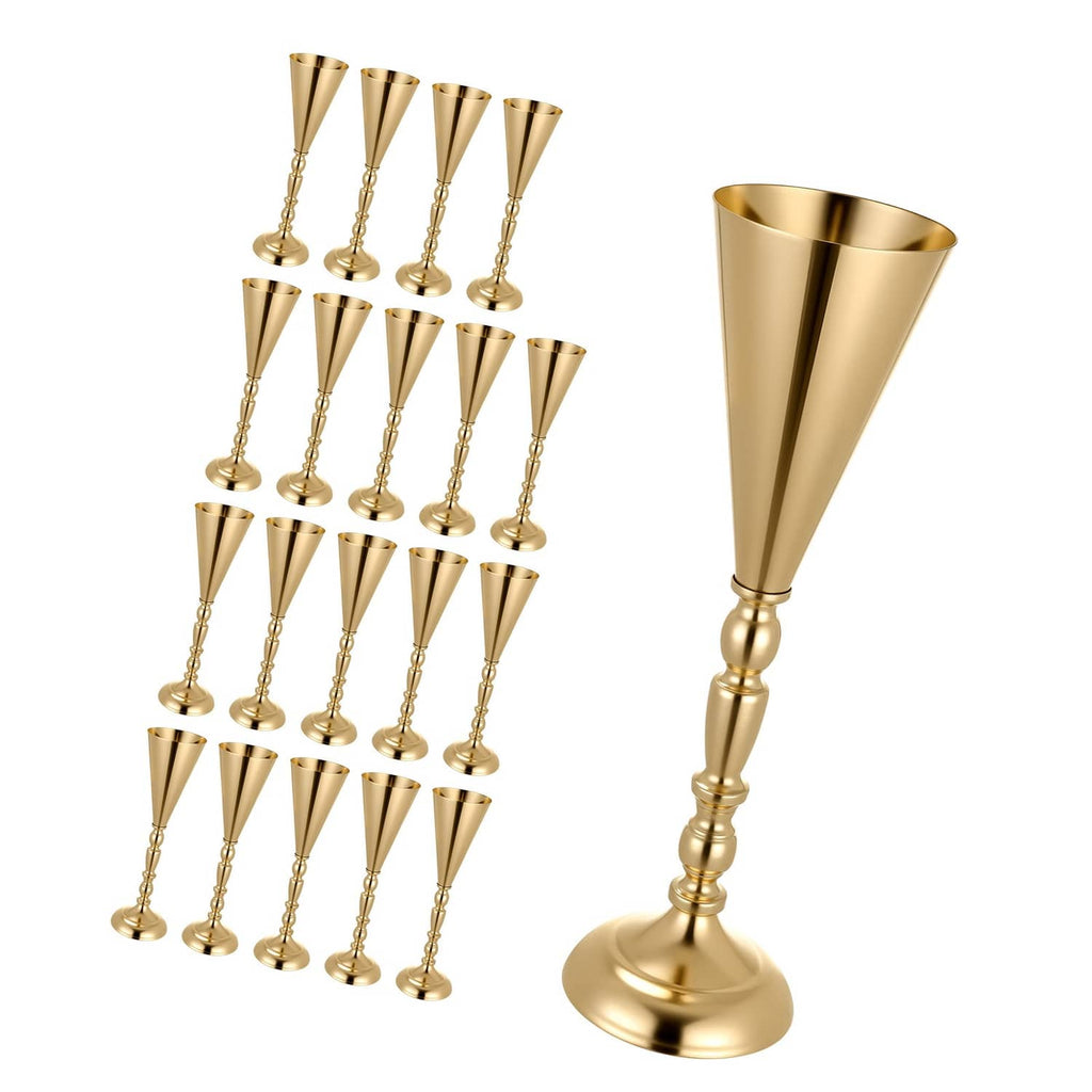 Set of 20 gold trumpet-style vases with conical tops and round pedestal bases