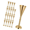 Set of 20 gold trumpet-style vases with conical tops and round pedestal bases
