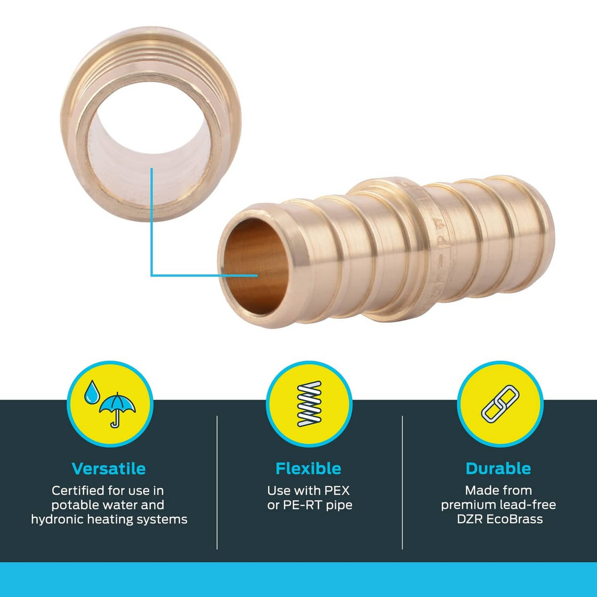 Brass PEX crimp coupling with crimp ring, 1/2 in tube end