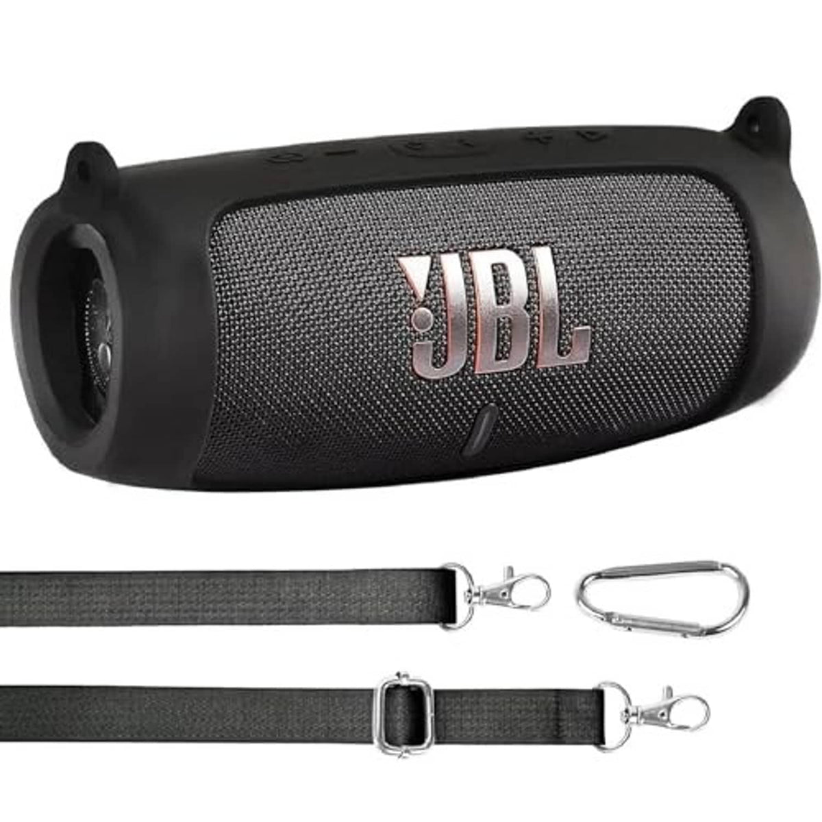 Black waterproof JBL Charge 5 speaker case with detachable strap and metal clips.