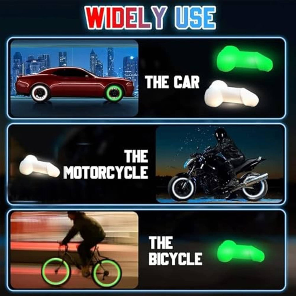Glow green valve stem caps for car, motorcycle, and bicycle tires
