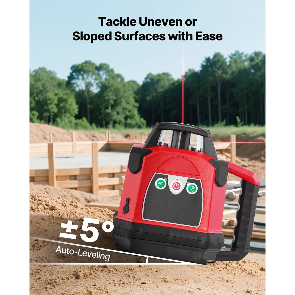 Red rotary laser level on tripod projecting red laser line over soil
