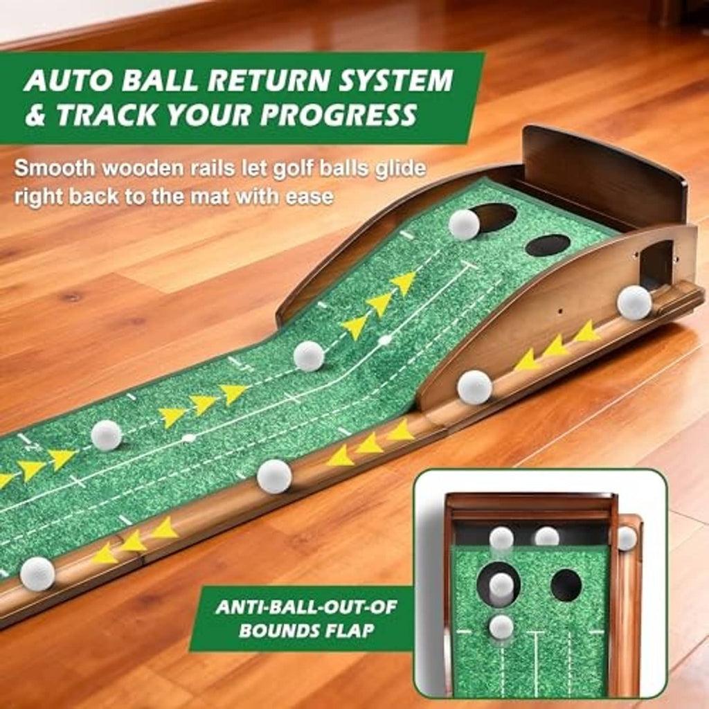 Indoor putting mat on floor with green surface, brown rails, and multiple training balls