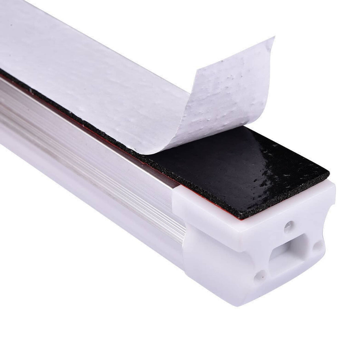 End view of white RV LED light bar with black insulation strip and wire entry