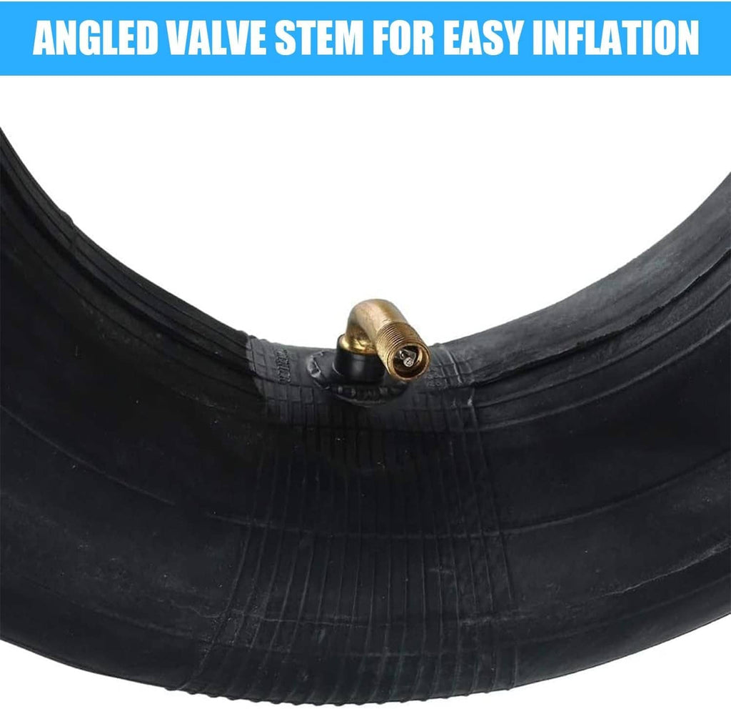 Black 4.10/3.50-6 inner tube close-up with brass bent valve stem