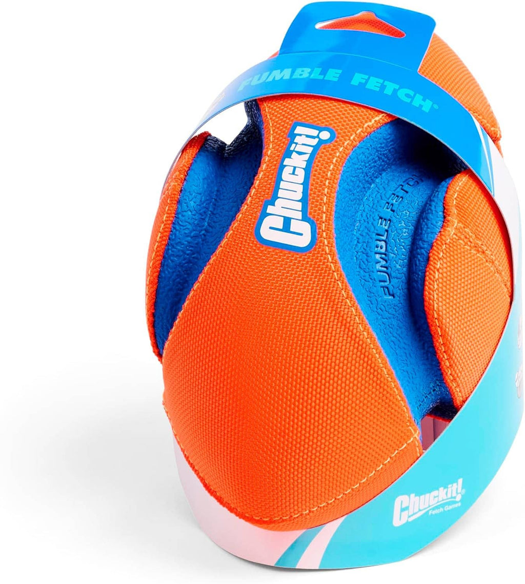 Orange and blue Chuckit! grooved dog football toy with blue textured interior