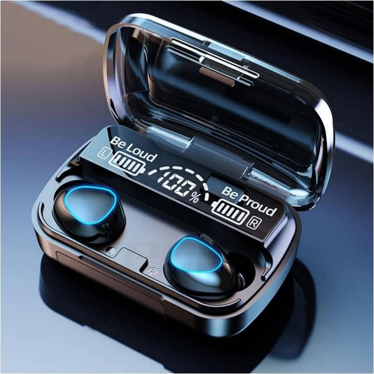 Wireless earbuds charging case open, blue LED ring on earbuds