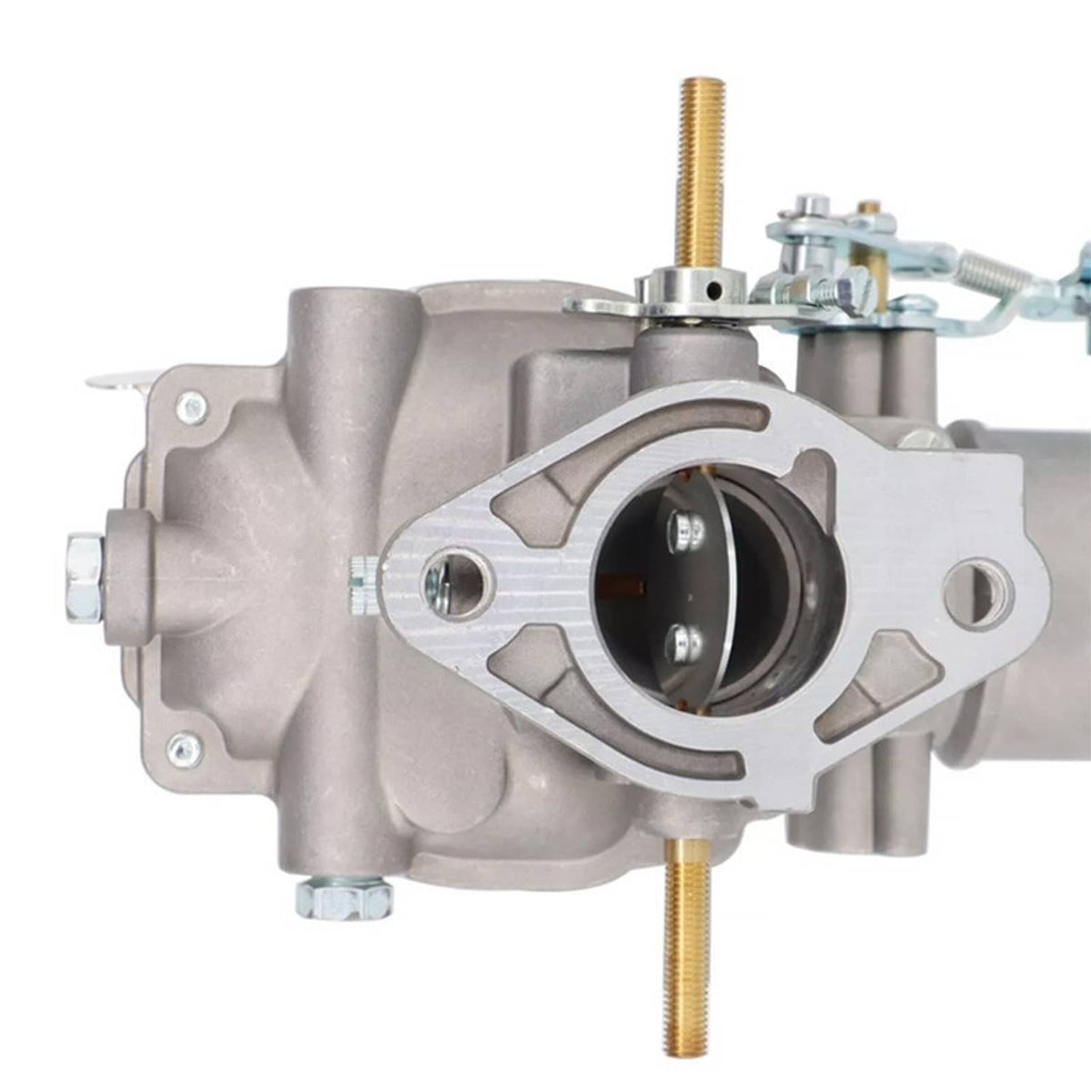 Carburetor assembly close-up of circular intake opening with metal body and mounting studs