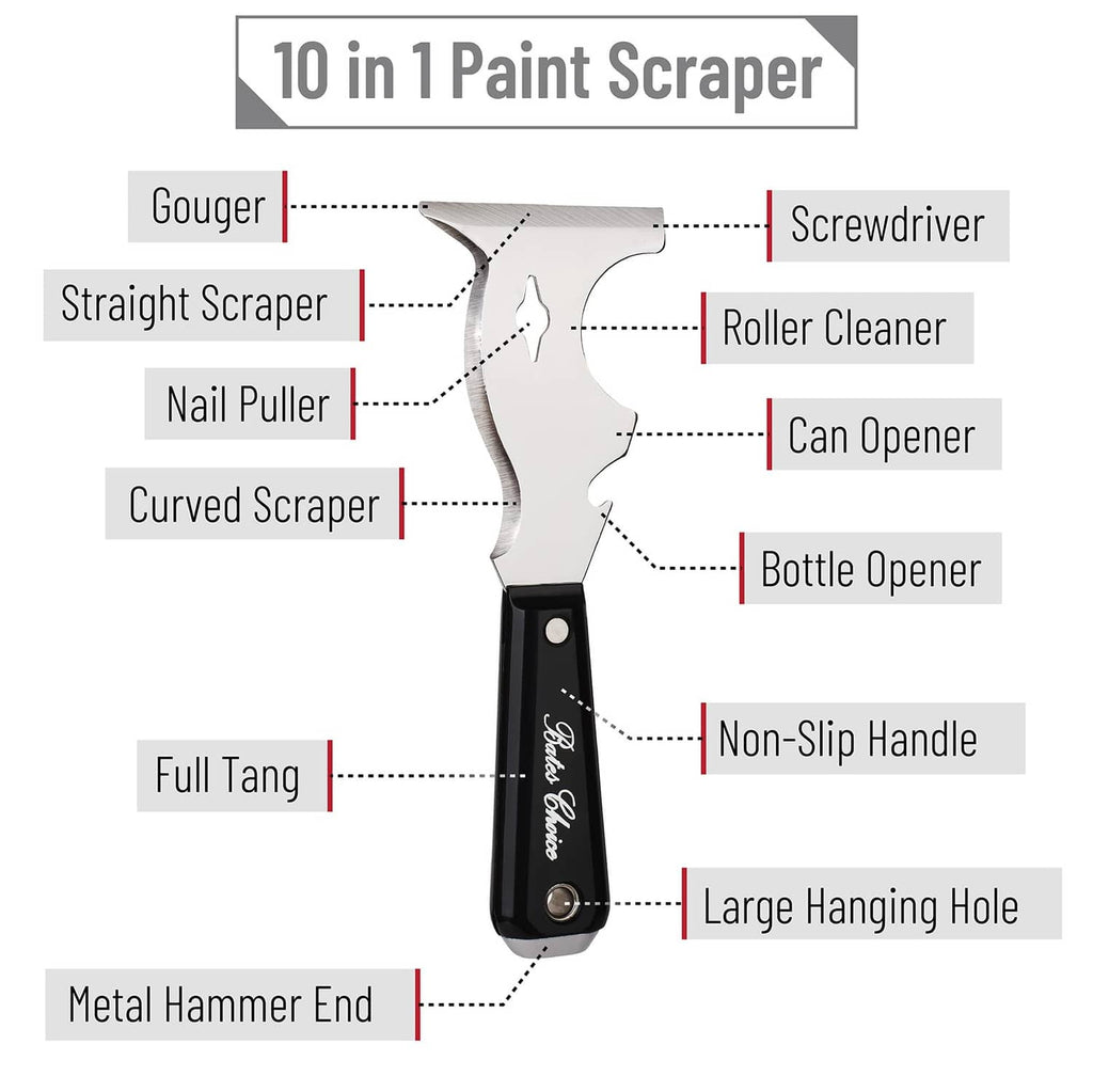 10 in 1 paint scraper tool with black non-slip handle and multi-blade head