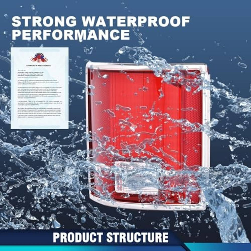 Red tail light with white reflector, shown with water splashes for weather resistance.