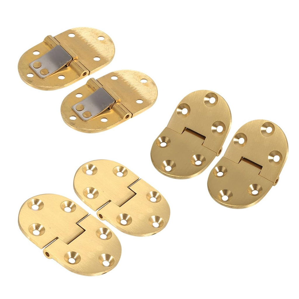 Set of four views: round brass tray hinges with mounting holes and hinge slot