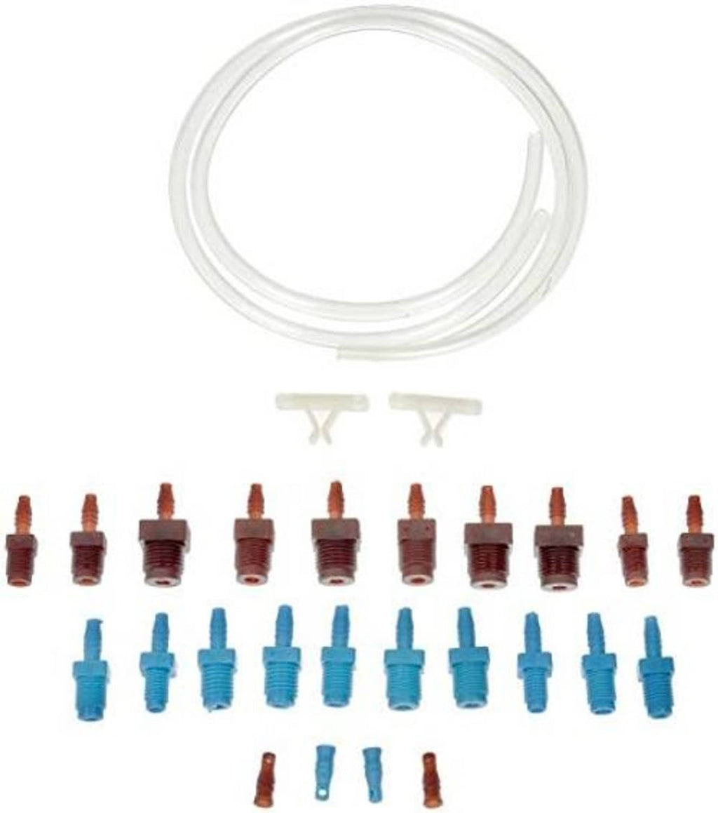 Bleeder kit set with white hose, two clips, multiple red and blue fittings