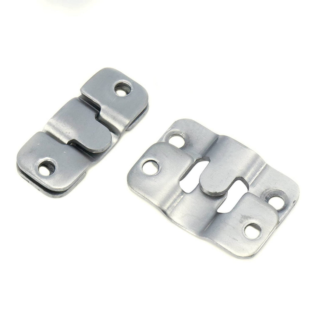 Set of metal sectional couch connectors with curved interlock tabs and mounting holes