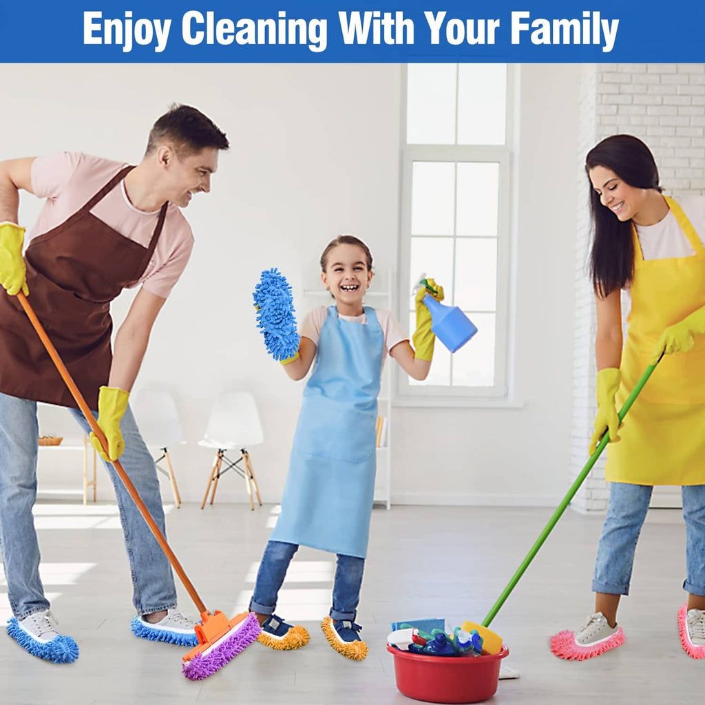 Family cleaning with colorful microfiber mop shoe covers for floors