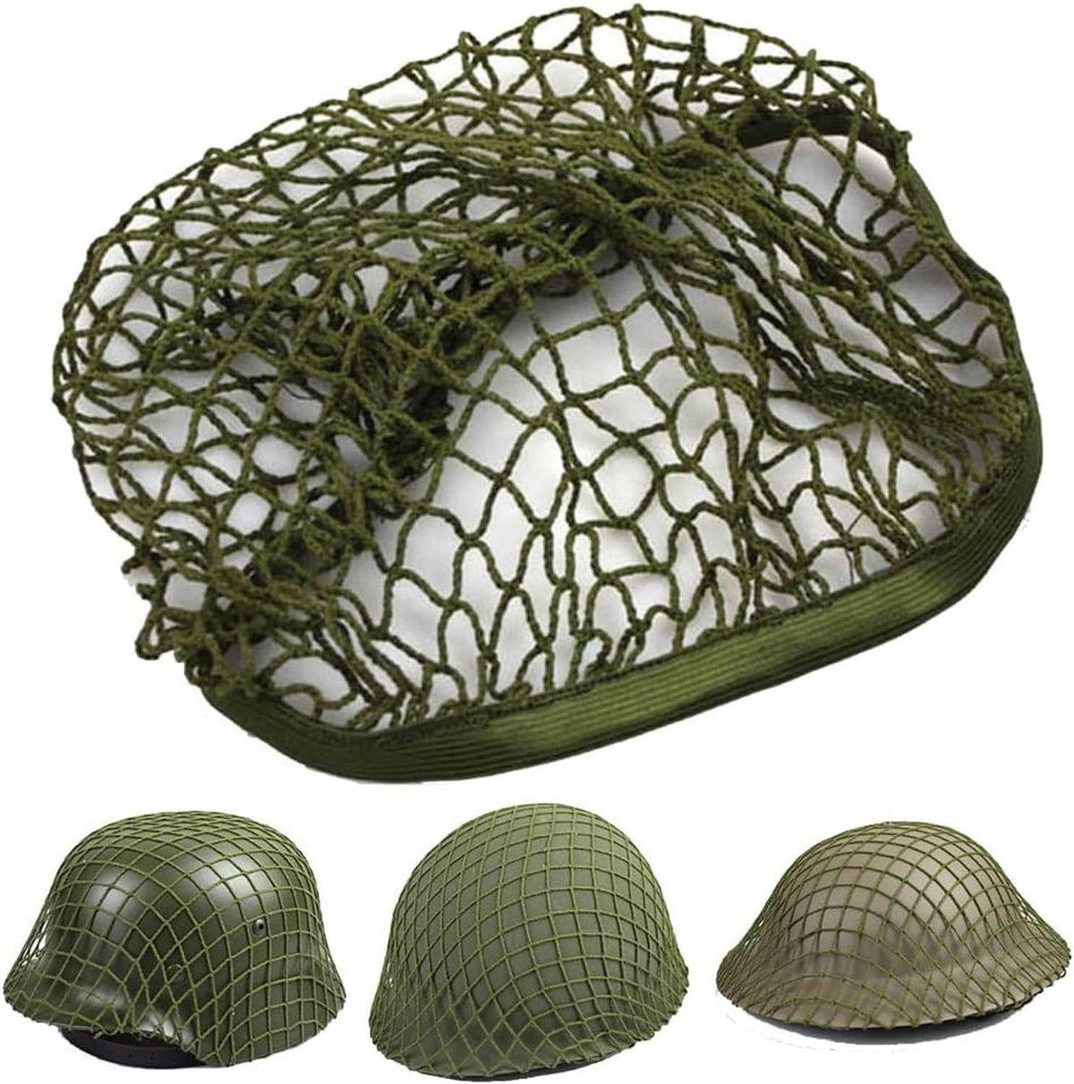 Olive green mesh helmet cover with elastic edge and three small grid-pattern caps