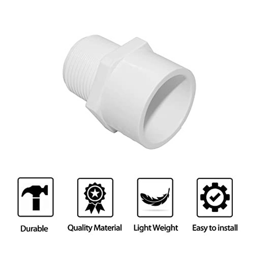 White PVC male NPT pipe thread adapter connector, close-up