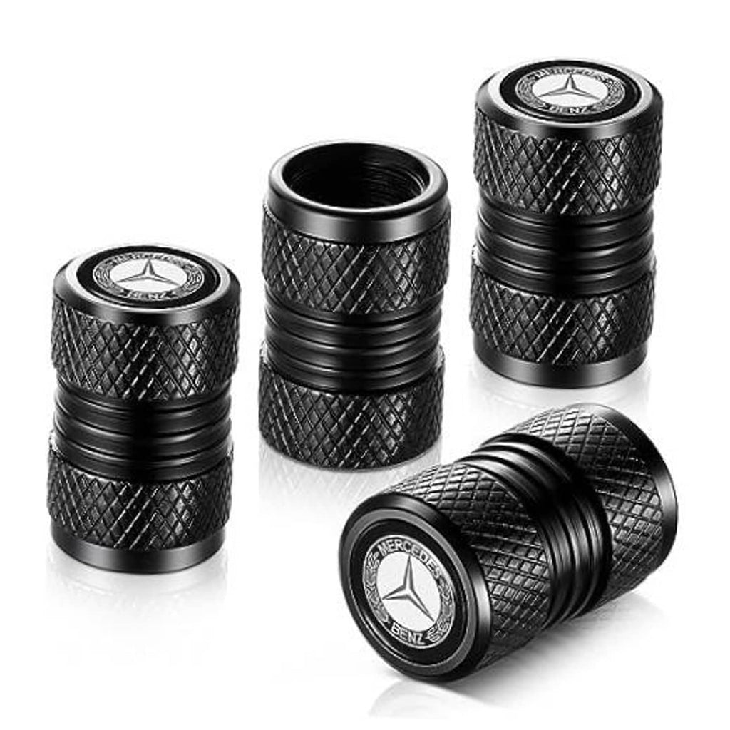 Black textured tire valve stem caps with Mercedes-Benz round emblem, 3 pack