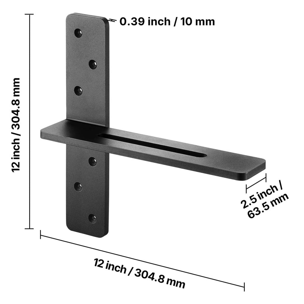 Matte black 12 in floating shelf bracket with 2.5 in depth, dimension diagram