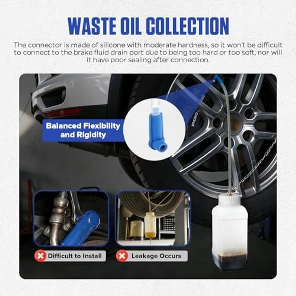 Waste oil collection connector with flexible hose and clear bottle for brake bleeding