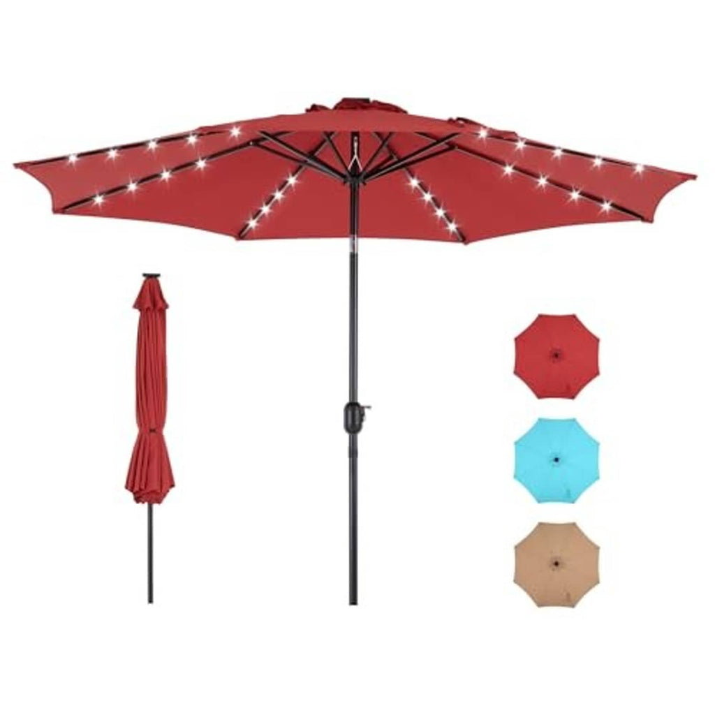 Crimson 3-tier patio umbrella with LED string lights, open canopy and center pole